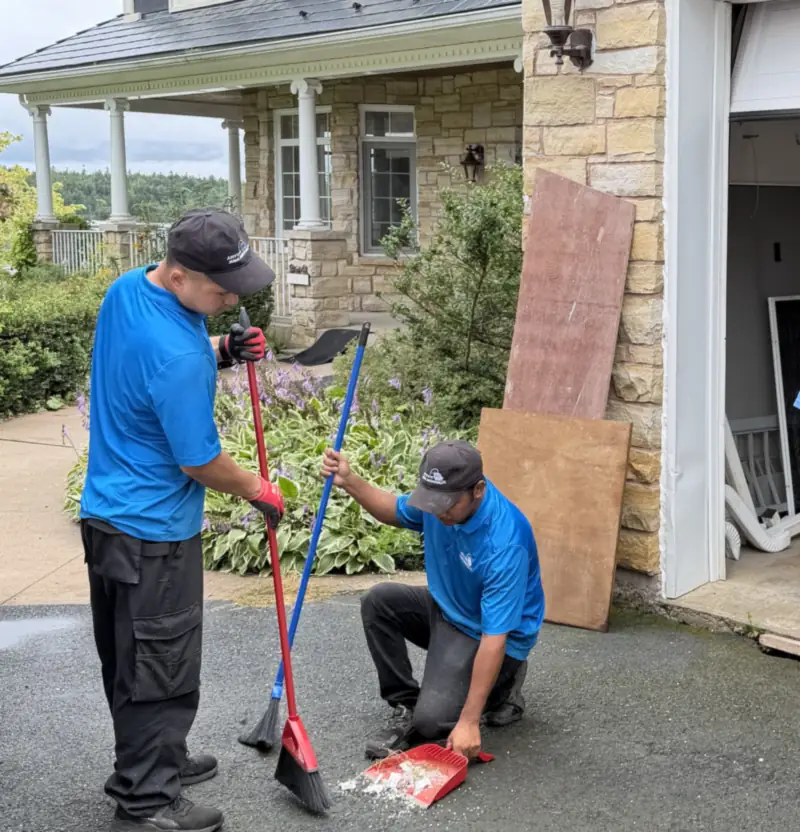 Two Anytime Junk Removal crew members sweeping up after a cleanout